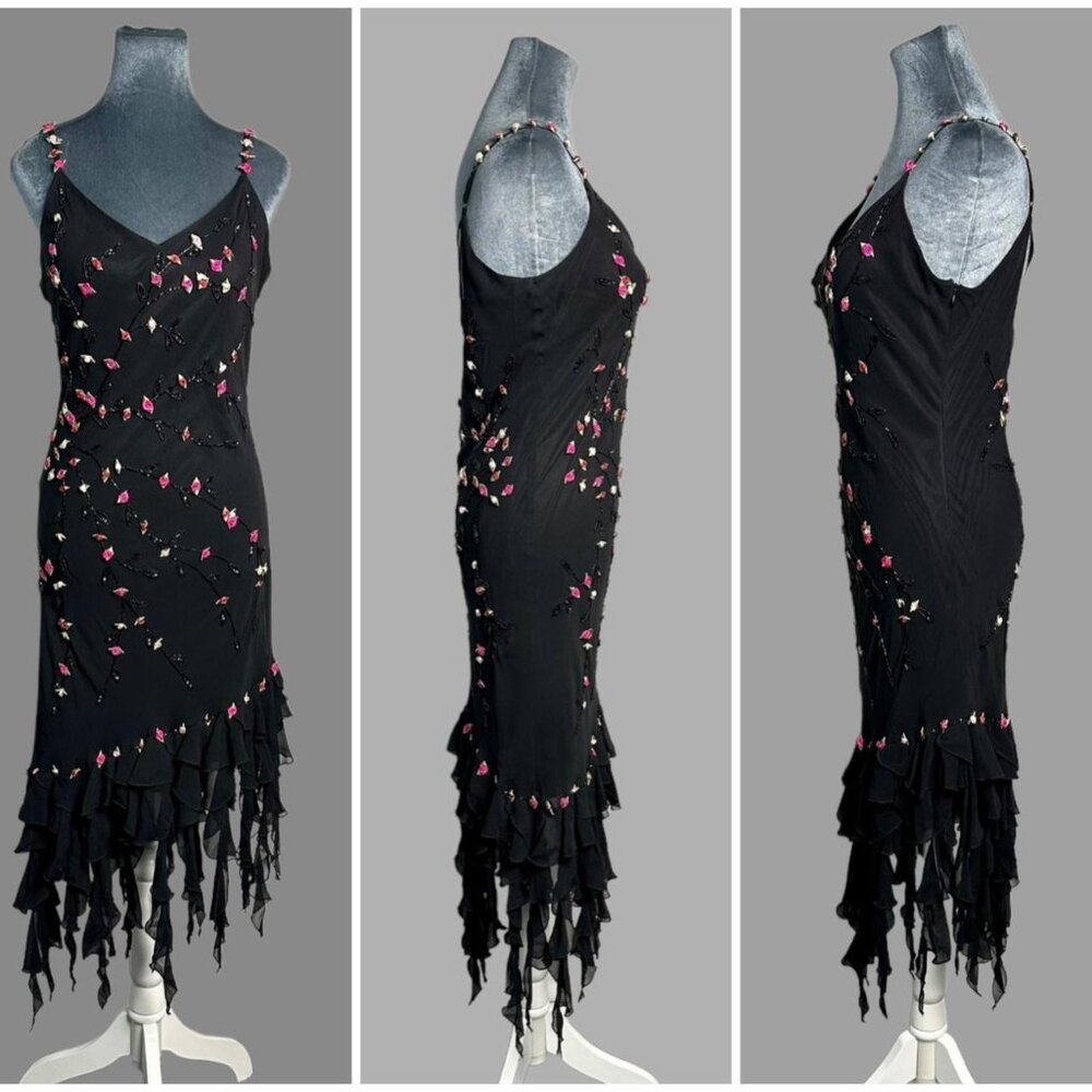 Y2K gothic fairycore beaded silk ribbon flower asymmetrical ruffle fringe dress - Picture 7 of 11